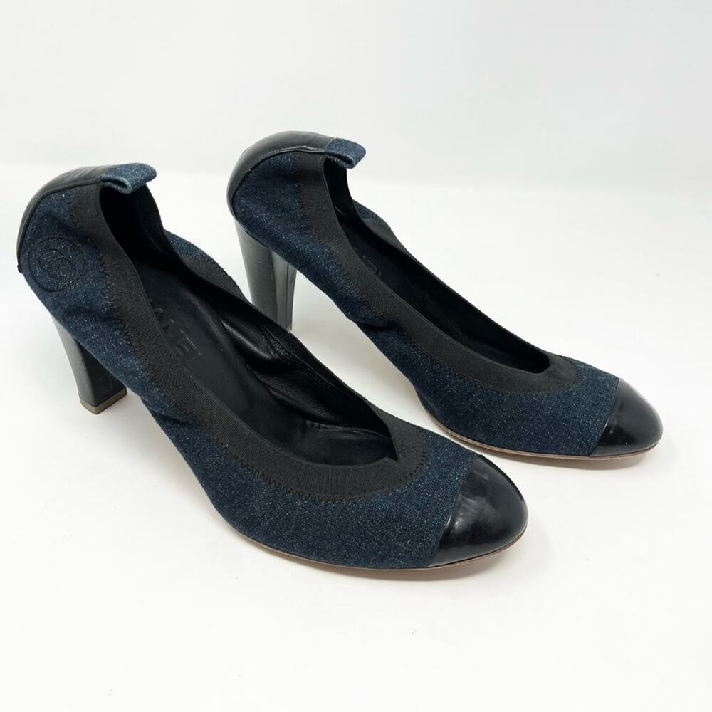 Chanel Ballet Cap Toe Leather Pump Black Denim Spirit Stretch Pump Vintage 41 - Picture 2 of 5